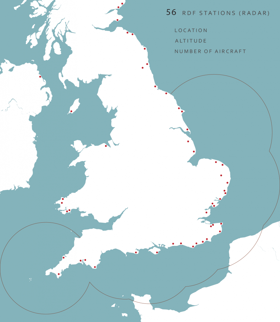 A map showing the 56 RDF stations around the English coast.